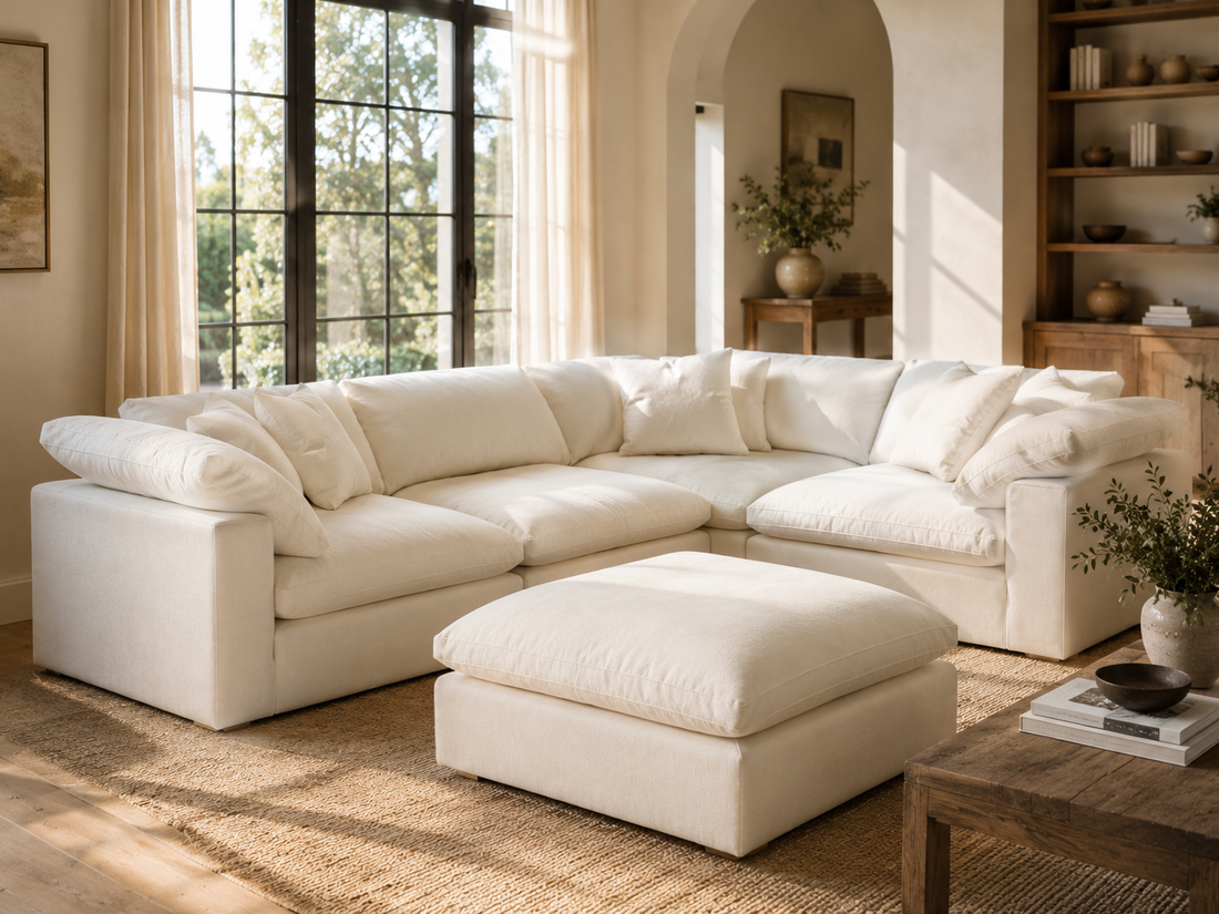 Garelli 4-piece modular sectional in cream white fabric, cloud couch style seating in a bright living room