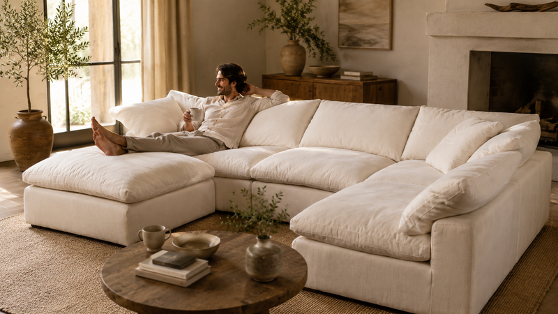Person sunk into a deep seat sectional with feet up, side view showing the deep seat depth