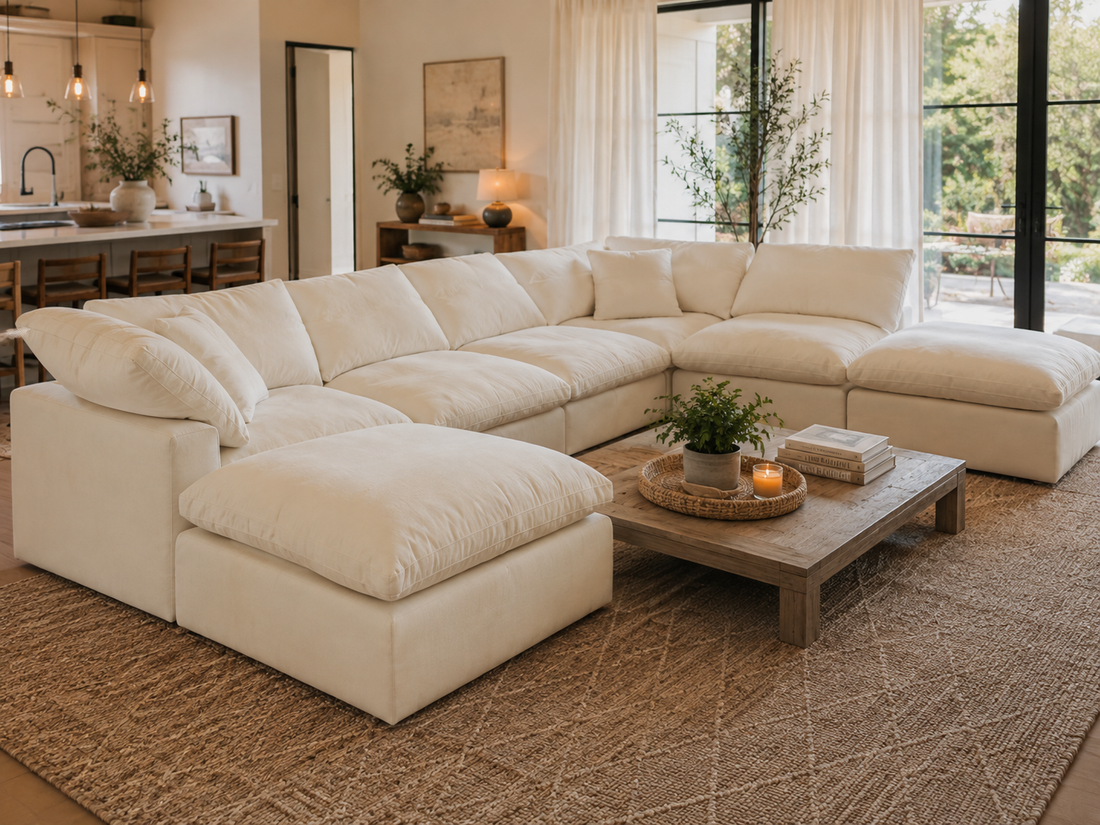 Garelli modular sofa in a real living room, a Lovesac alternative sized for the same space
