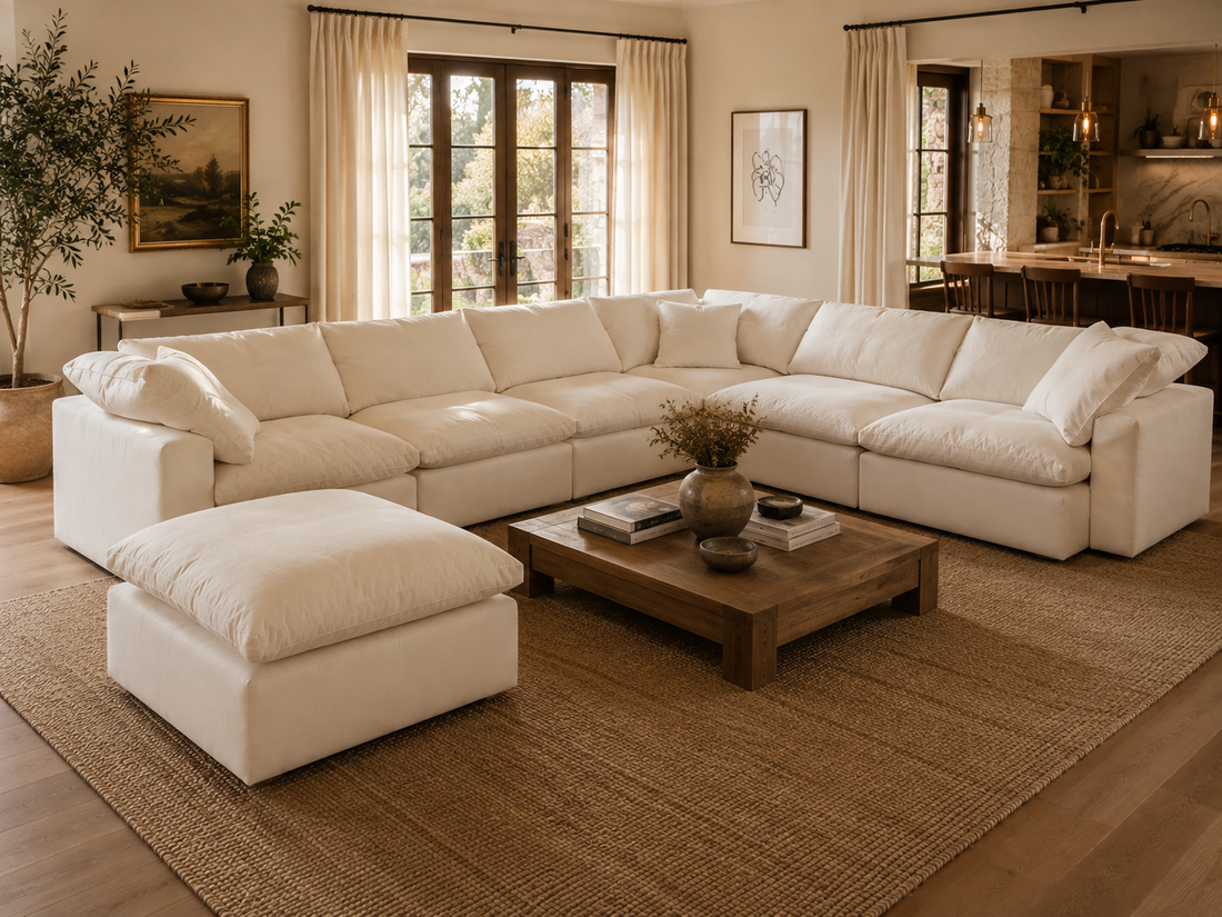 Large sectional couch fully assembled in a living room, showing a 7+ piece modular configuration