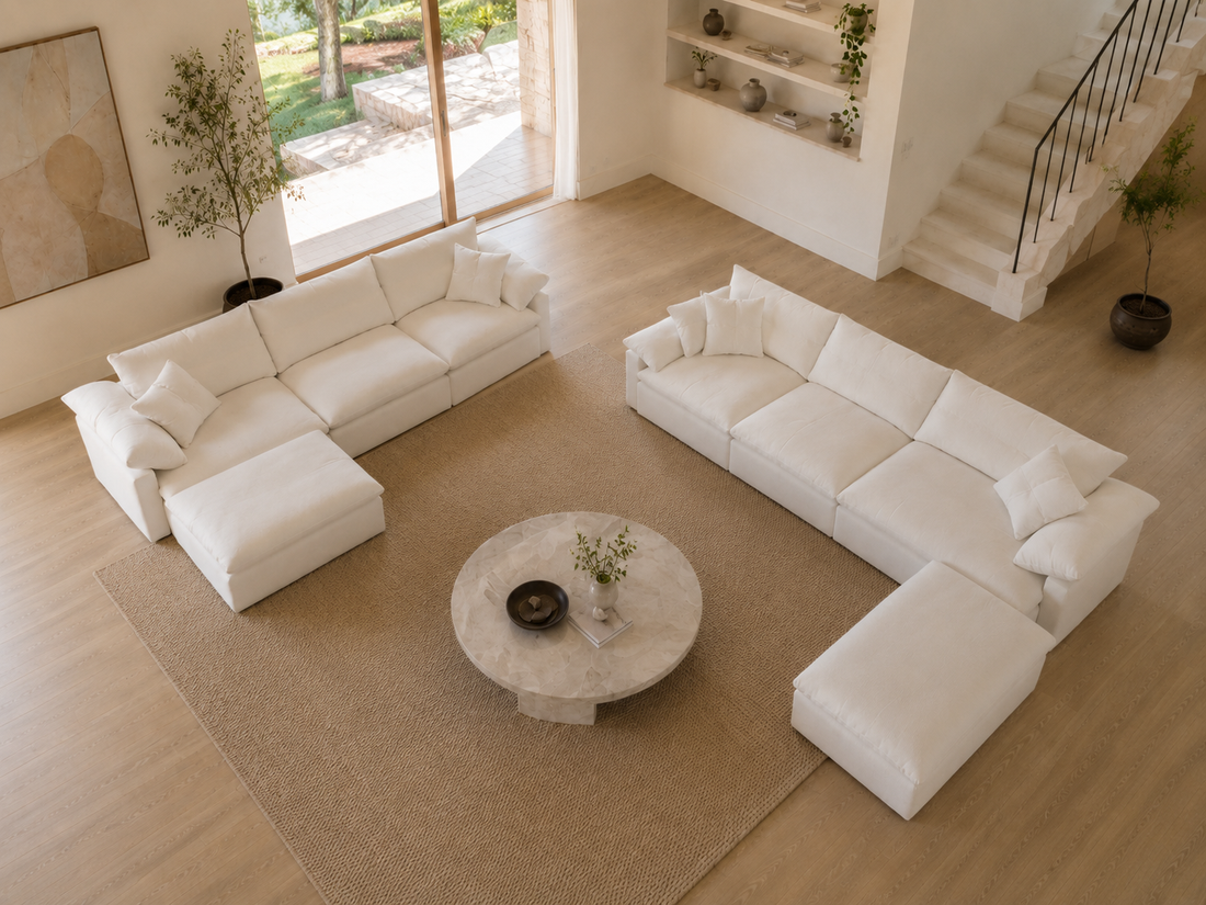 Garelli modular sofa shown in multiple configurations, demonstrating how pieces can be rearranged