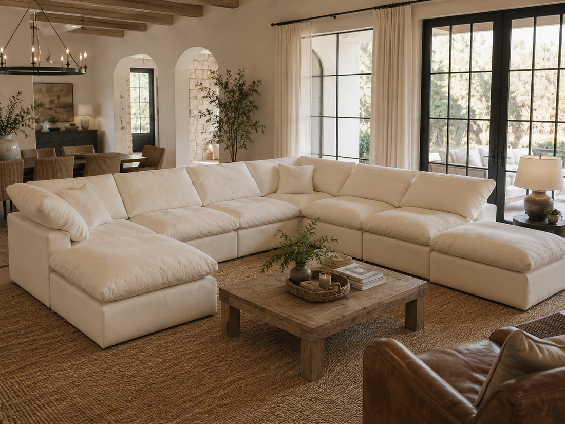 Large modular sectional sofa fully assembled in a spacious living room showing full scale