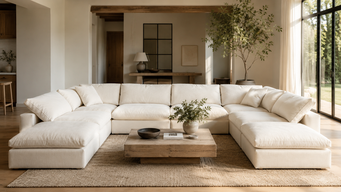 U-shaped sectional styled in a large living room, front view showing the full wrap of the U