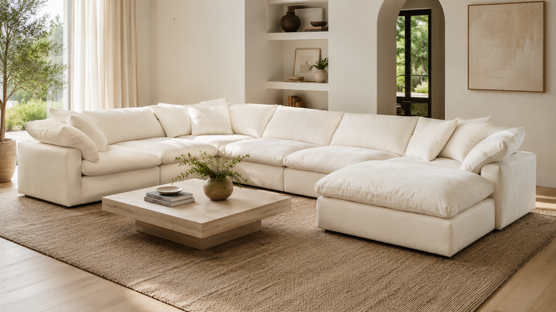 White sectional couch styled in a bright modern living room, Garelli modular 2026 guide