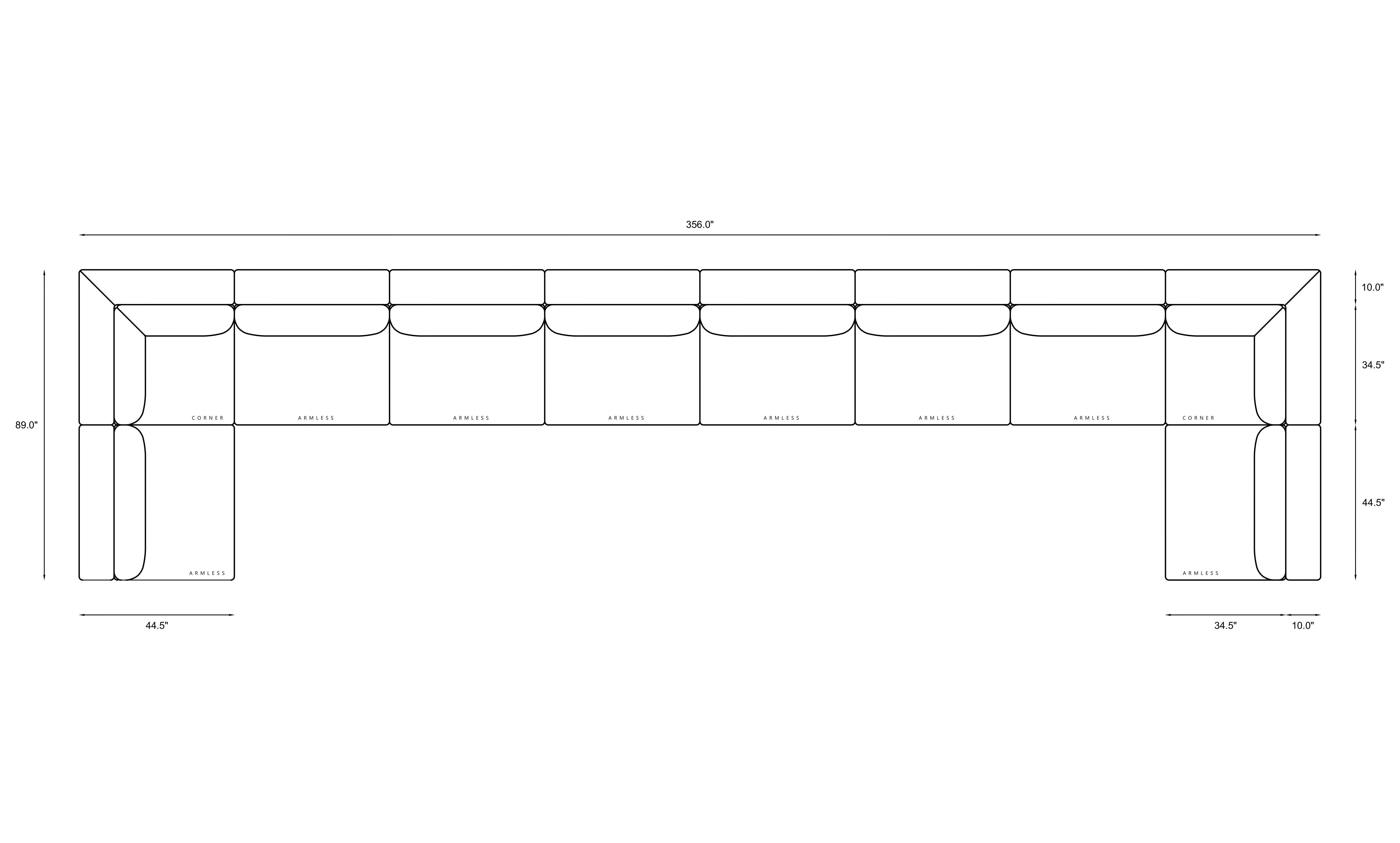 10-piece Oversized Modular Sectional (U-Shape) Dimensions