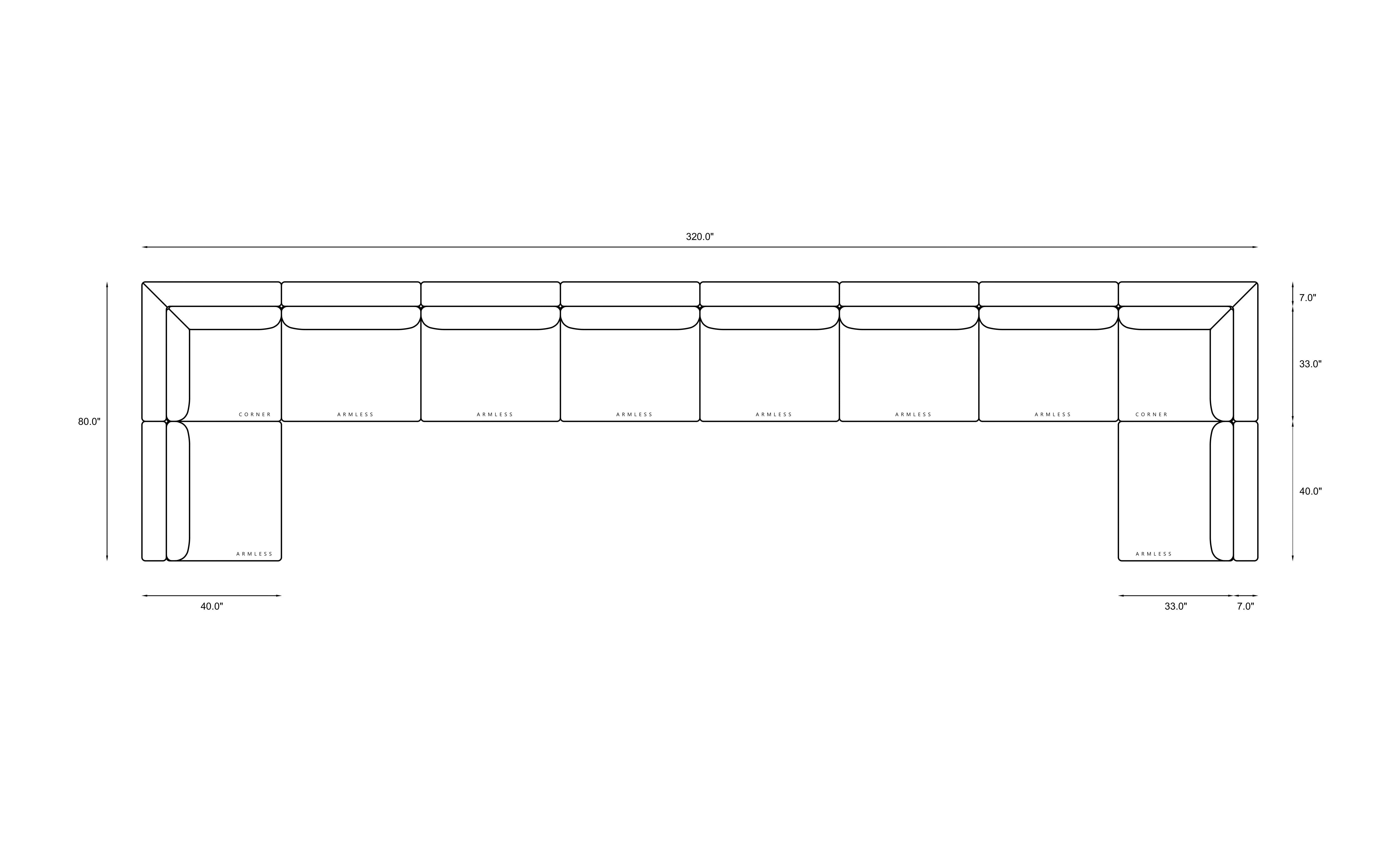 10-piece Oversized Modular Sectional (U-Shape) Dimensions