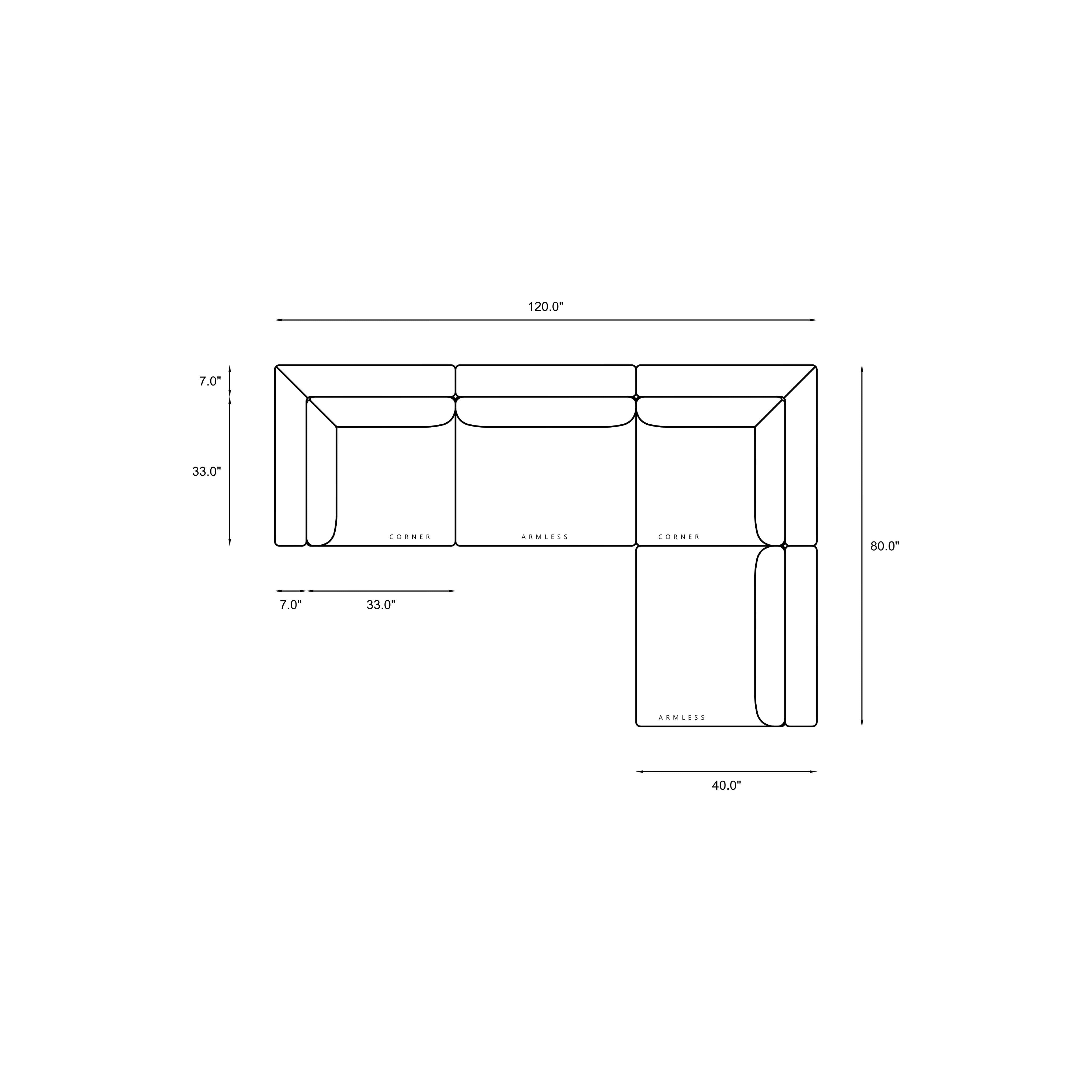 4-Piece Modular Sectional (Armless Chase) Dimensions