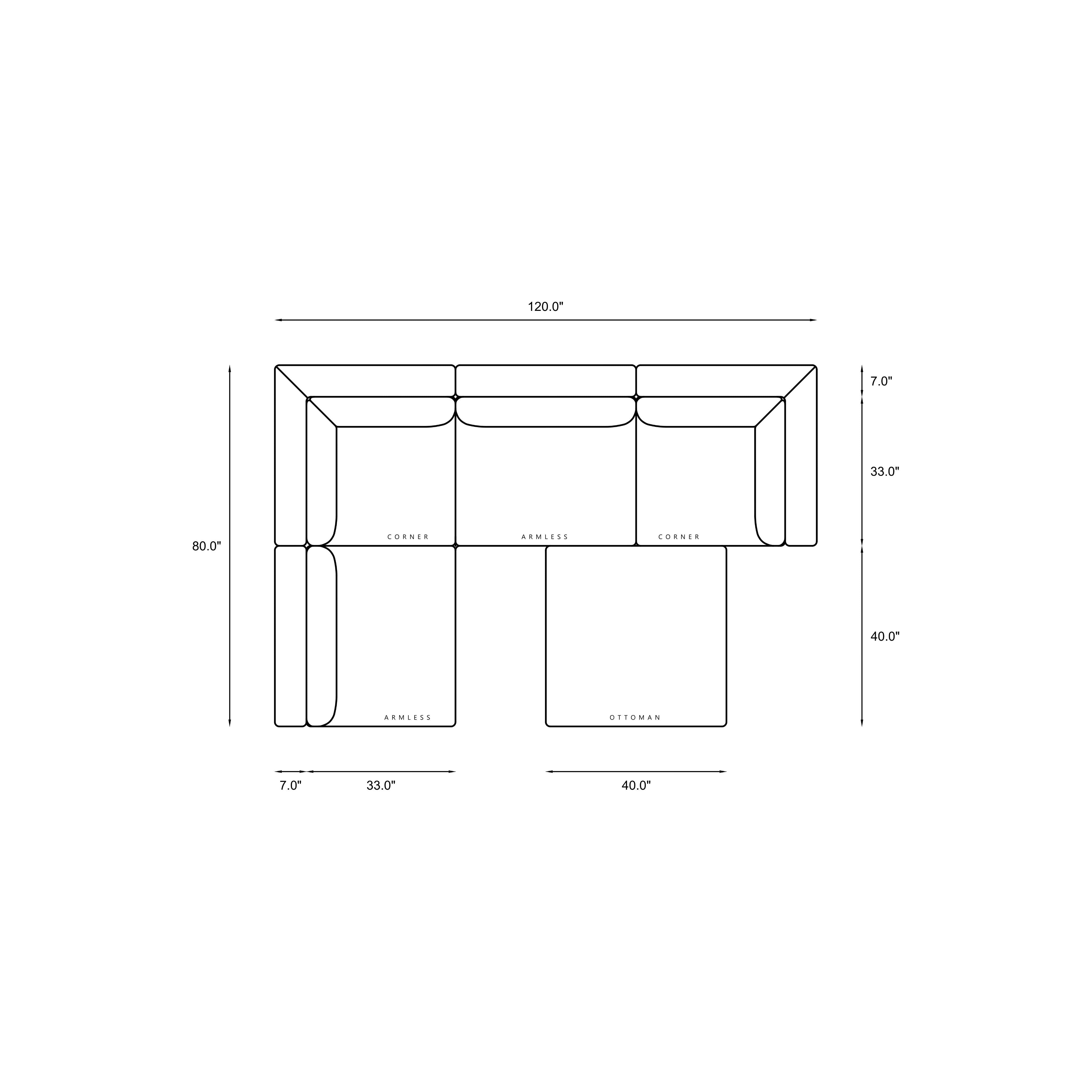 5-Piece Modular Sectional (Armless + Ottoman) Dimensions