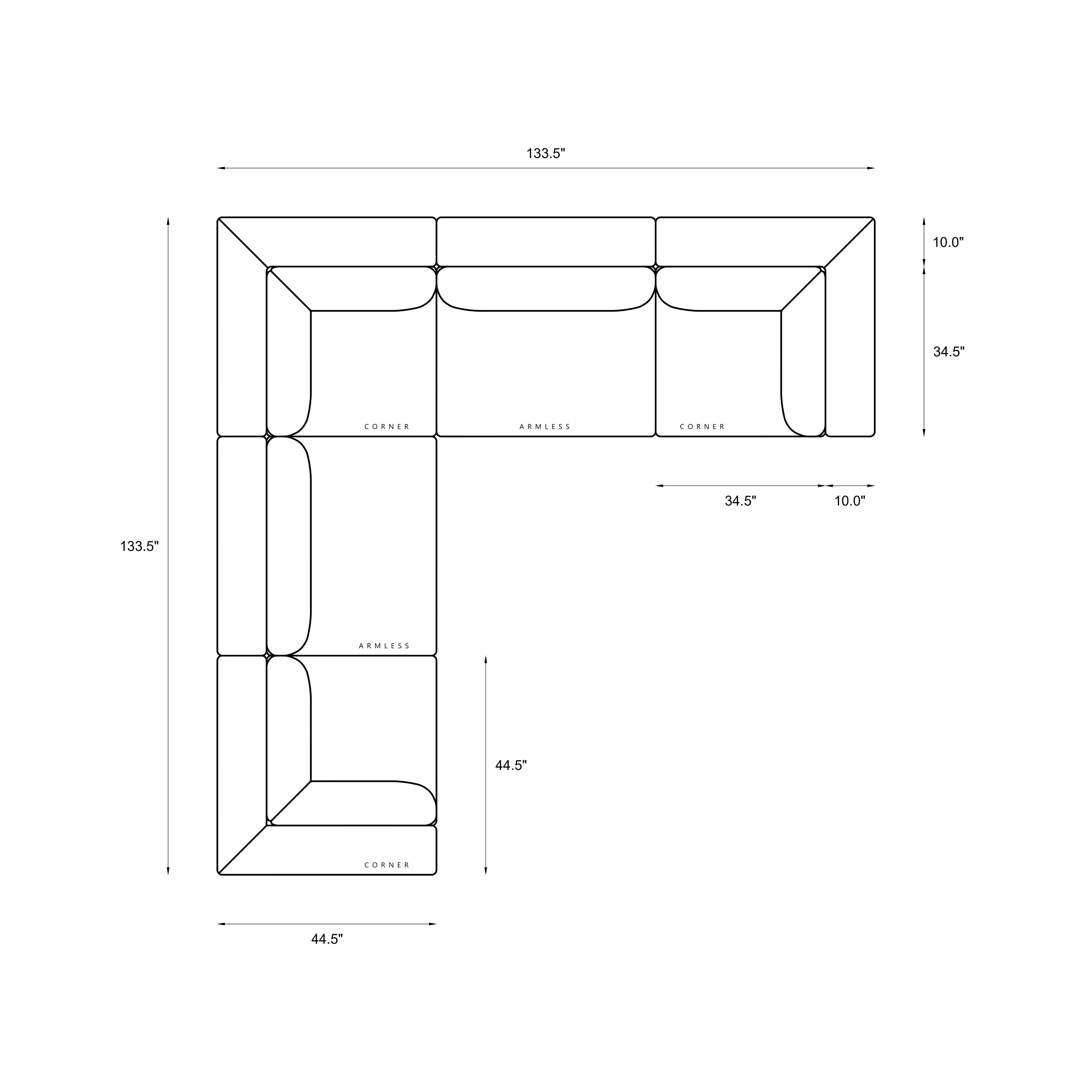 5 Piece Modular Sectional (Three Armless + Two Corners) Dimensions