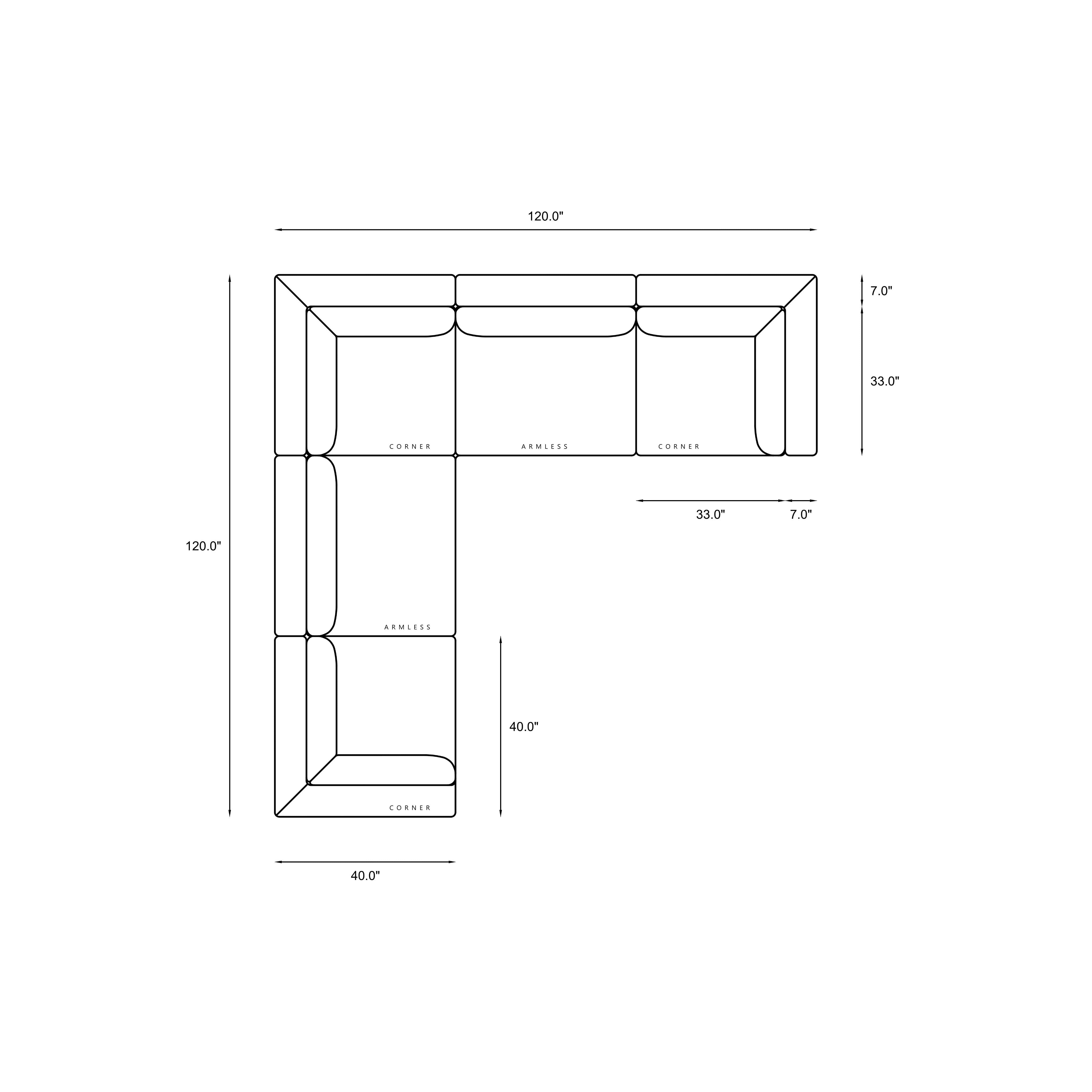 5 Piece Modular Sectional (Three Armless + Two Corners) Dimensions