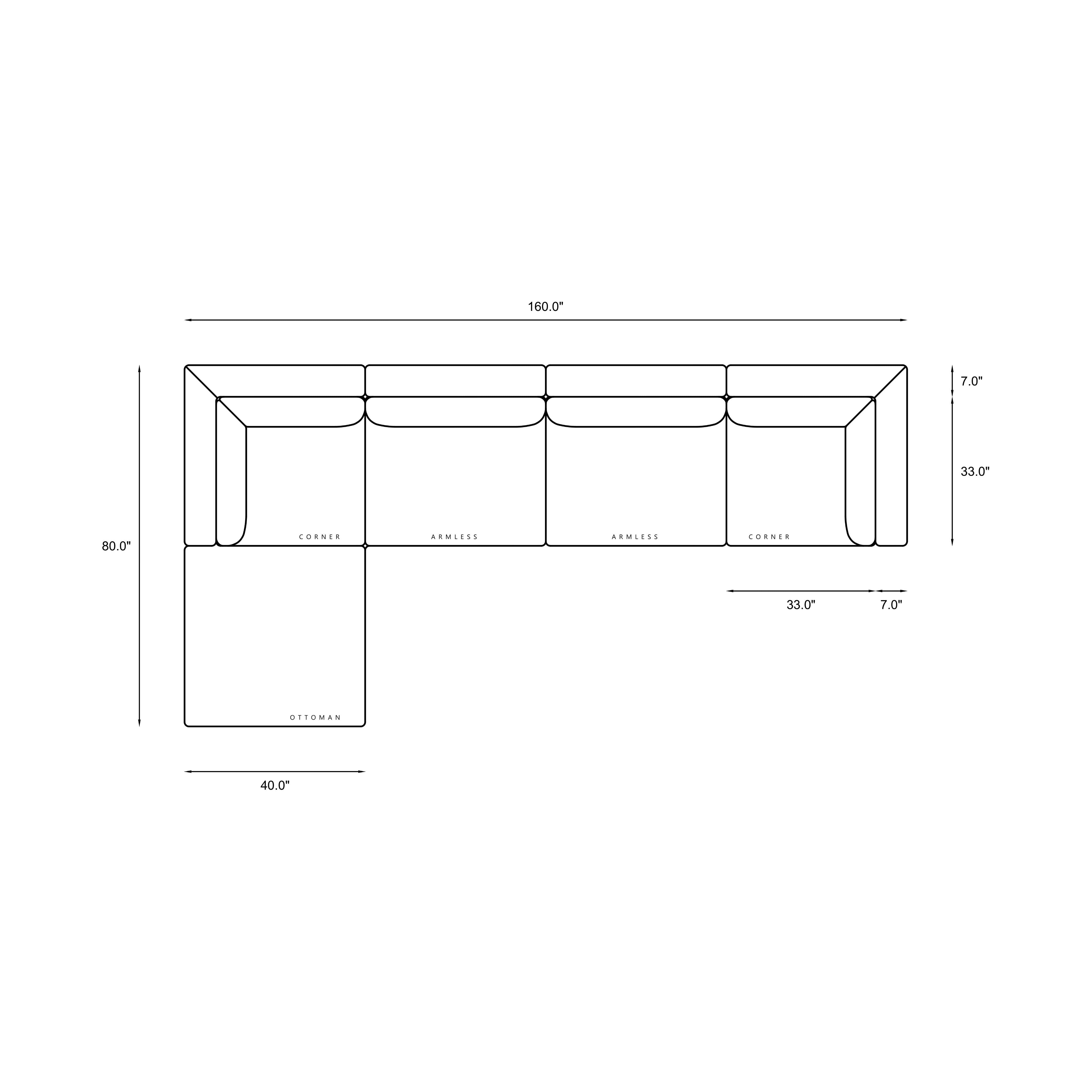 5-Piece Modular Sectional (Two Armless + Ottoman) Dimensions