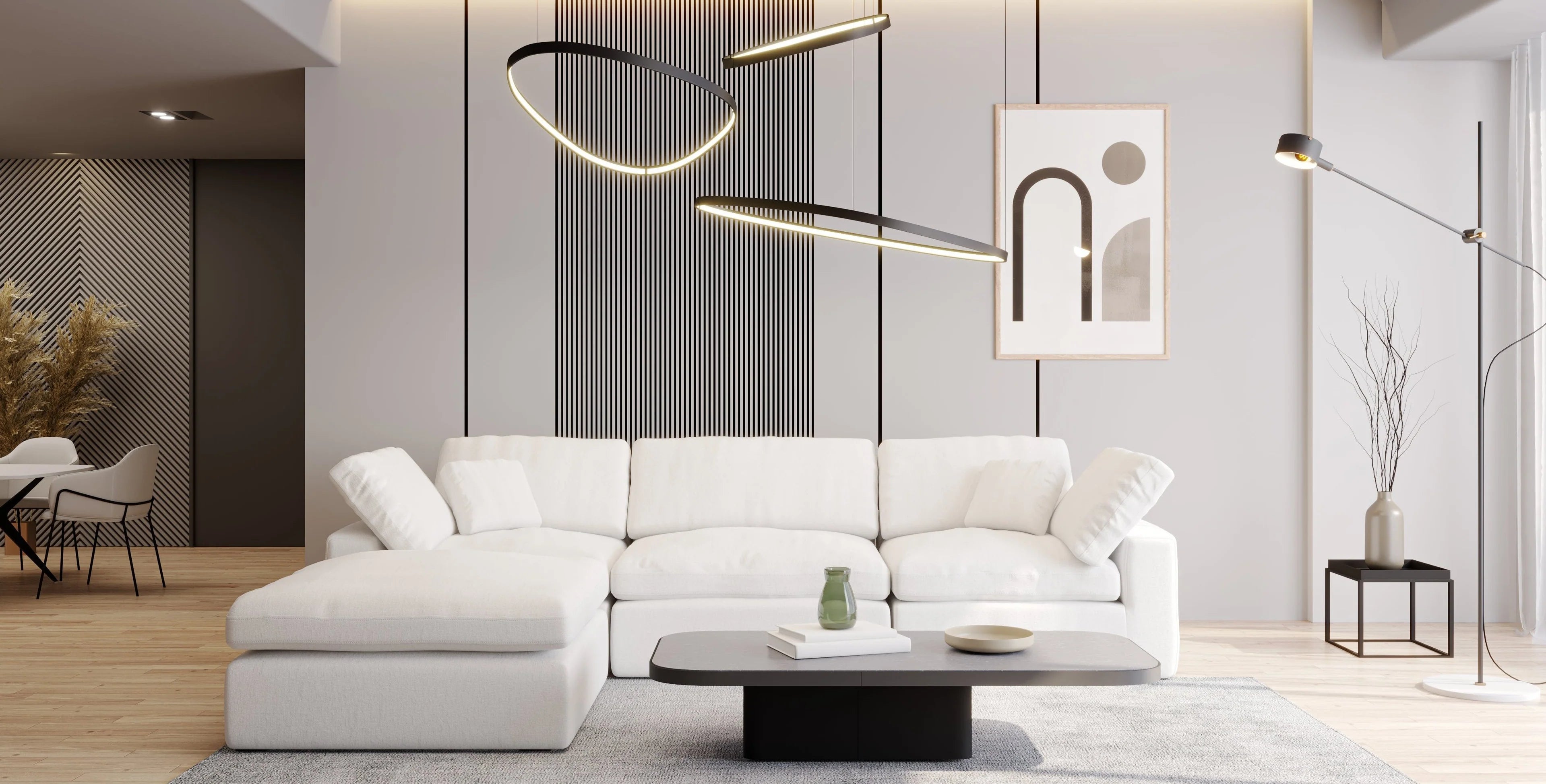 Front view of a Classic 4-piece white cloud modular sofa in a modern living room, designed by Garelli Furniture