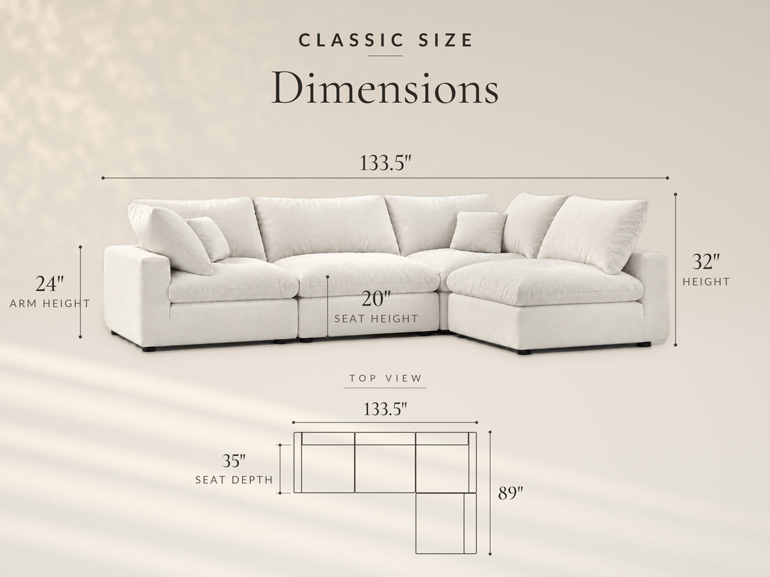 4-Piece Modular Sectional (Armless Chase), Classic size dimensions