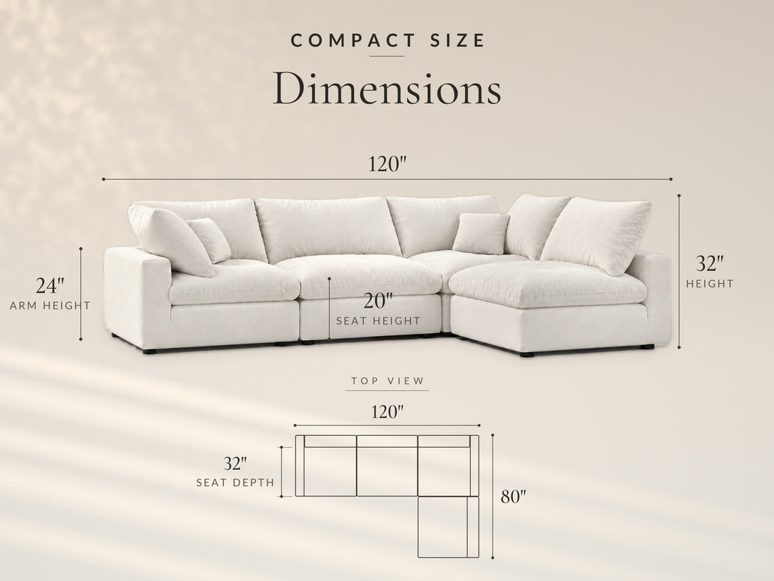 4-Piece Modular Sectional (Armless Chase), Compact size dimensions