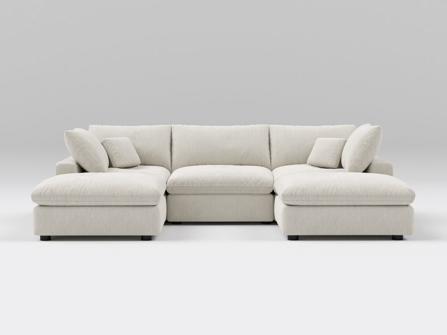 5-Piece Classic Modular Sectional in Ivory – U-Shaped Layout – Includes Corner, Armless, and Ottoman Pieces