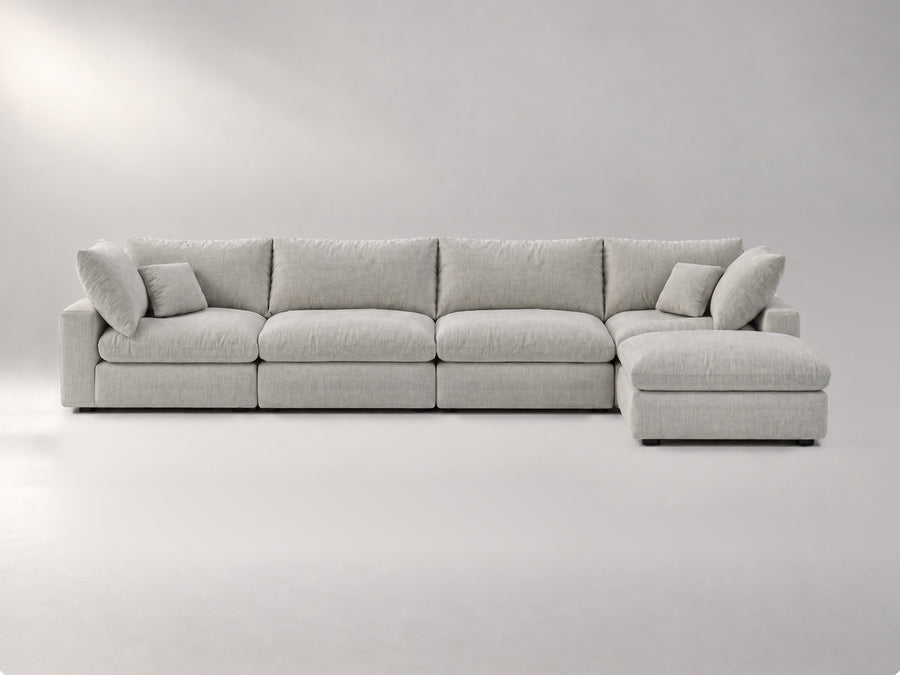 5-Piece Modular Sectional (Two Armless + Ottoman) in Grey, front view | Garelli
