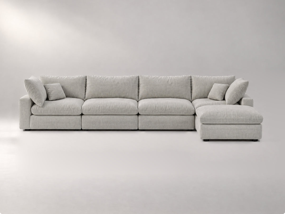 5-Piece Modular Sectional (Two Armless + Ottoman) in Grey, front view | Garelli