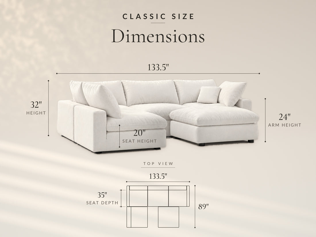 5-Piece Modular Sectional (Armless + Ottoman), Classic size dimensions