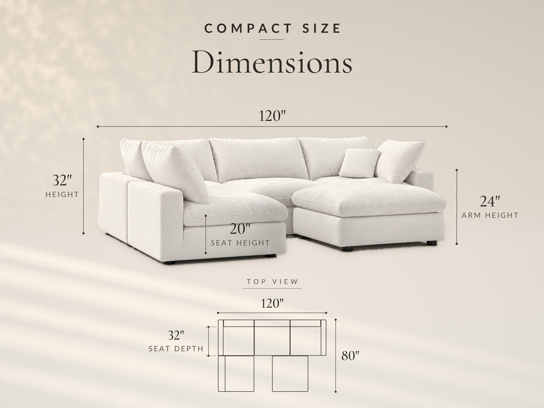 5-Piece Modular Sectional (Armless + Ottoman), Compact size dimensions