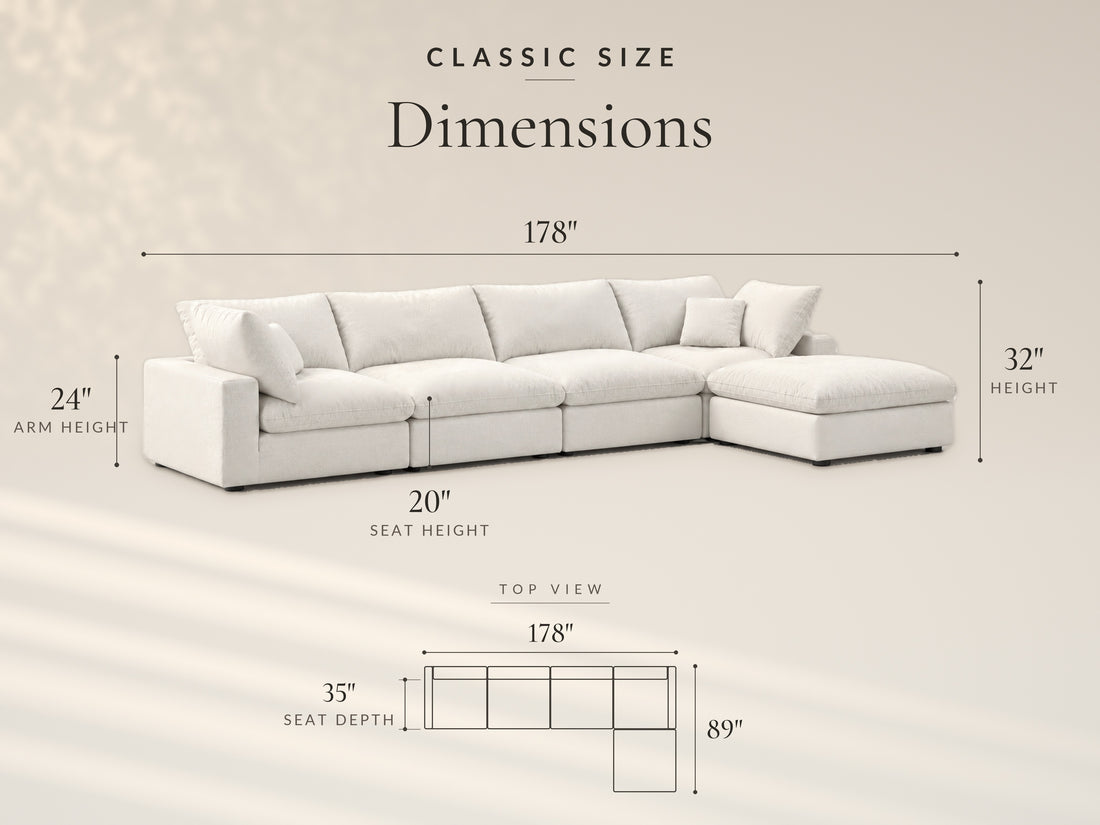 5-Piece Modular Sectional (Two Armless + Ottoman), Classic size dimensions