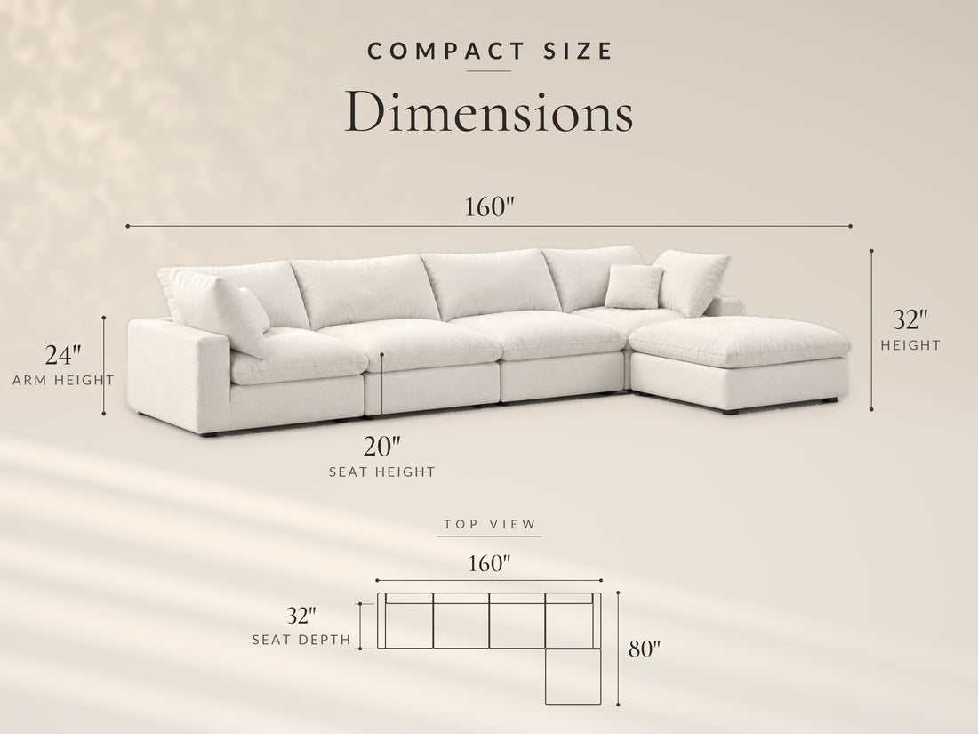 5-Piece Modular Sectional (Two Armless + Ottoman), Compact size dimensions