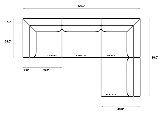 4-Piece Modular Sectional (Armless Chase) Dimensions
