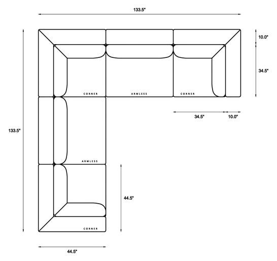 5 Piece Modular Sectional (Three Armless + Two Corners) Dimensions