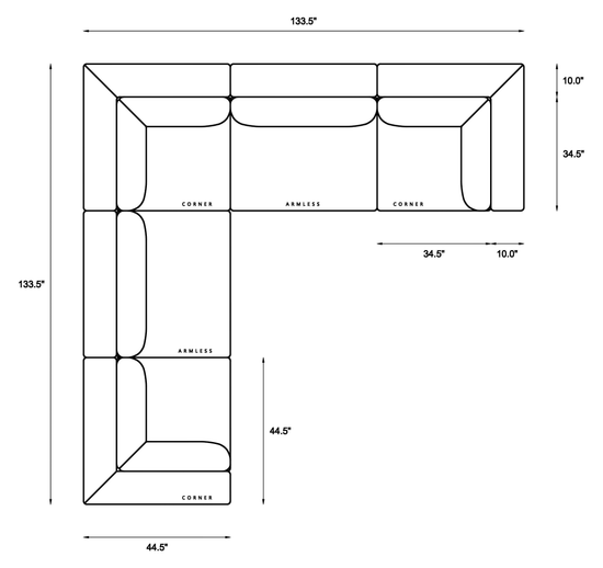 5 Piece Modular Sectional (Three Armless + Two Corners) Dimensions