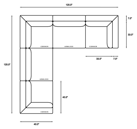 5 Piece Modular Sectional (Three Armless + Two Corners) Dimensions