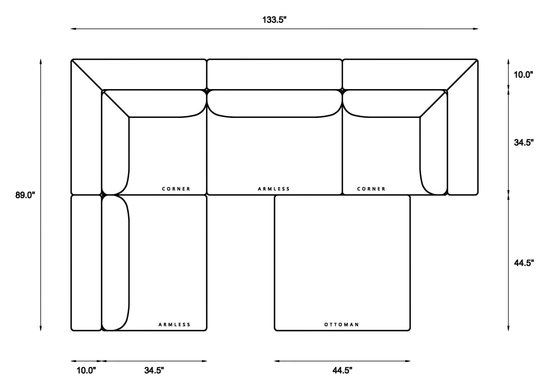 5-Piece Modular Sectional (Armless + Ottoman) Dimensions