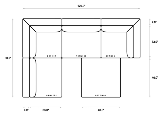 5-Piece Modular Sectional (Armless + Ottoman) Dimensions