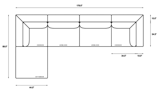 5-Piece Modular Sectional (Two Armless + Ottoman) Dimensions