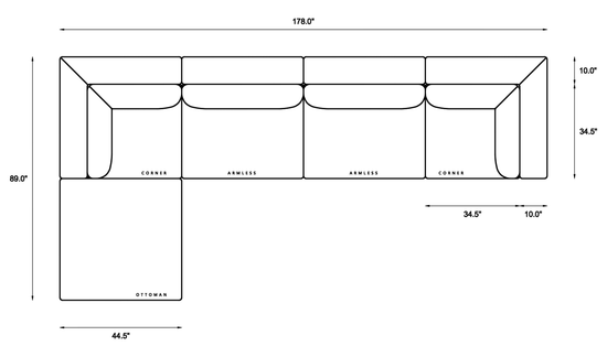 5-Piece Modular Sectional (Two Armless + Ottoman) Dimensions
