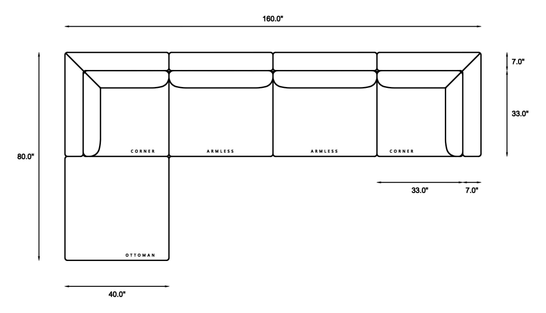 5-Piece Modular Sectional (Two Armless + Ottoman) Dimensions